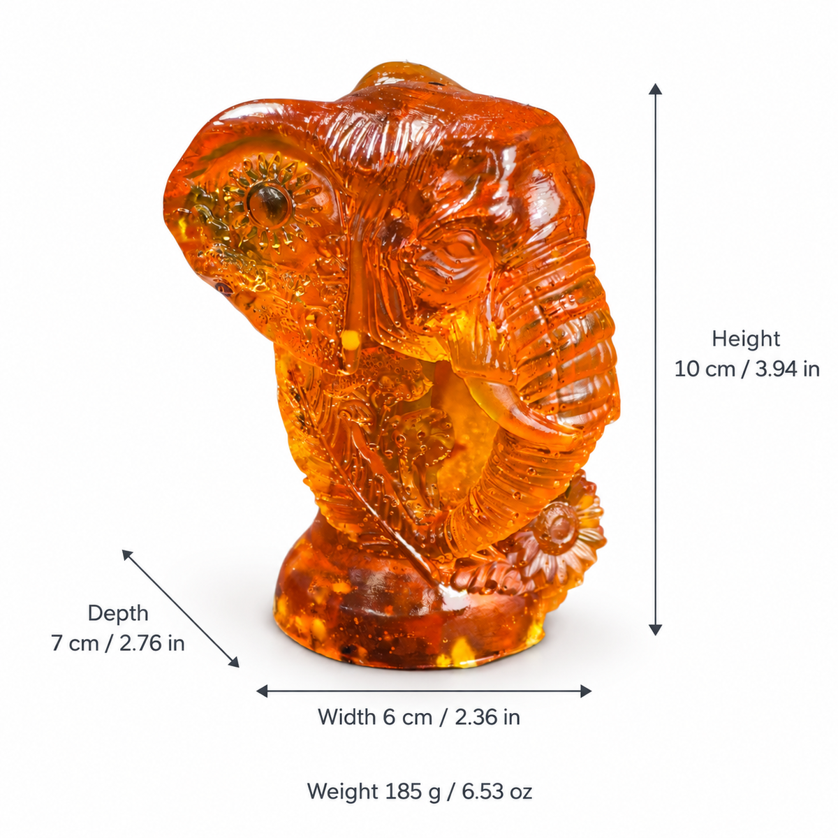 Size chart: KIZIMA® Baltic amber Ganesha head statue, H 10 cm / 3.94 in, W 6 cm / 2.36 in, D 7 cm / 2.76 in, 185 g / 6.53 oz