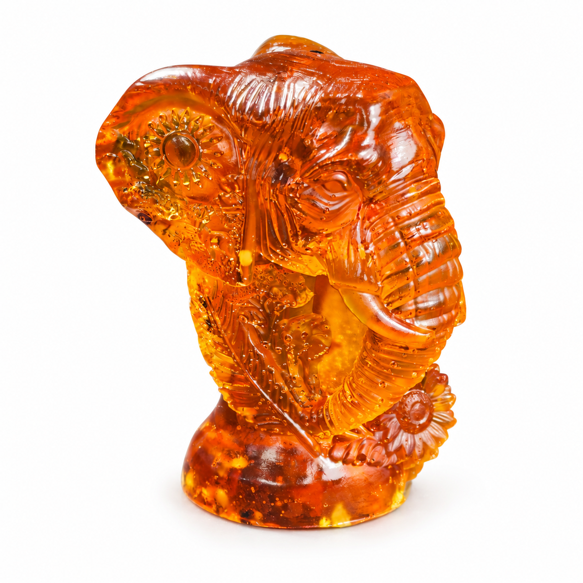 Natural Baltic Amber Ganesha head statue by KIZIMA®, white background — Diwali and yoga gift