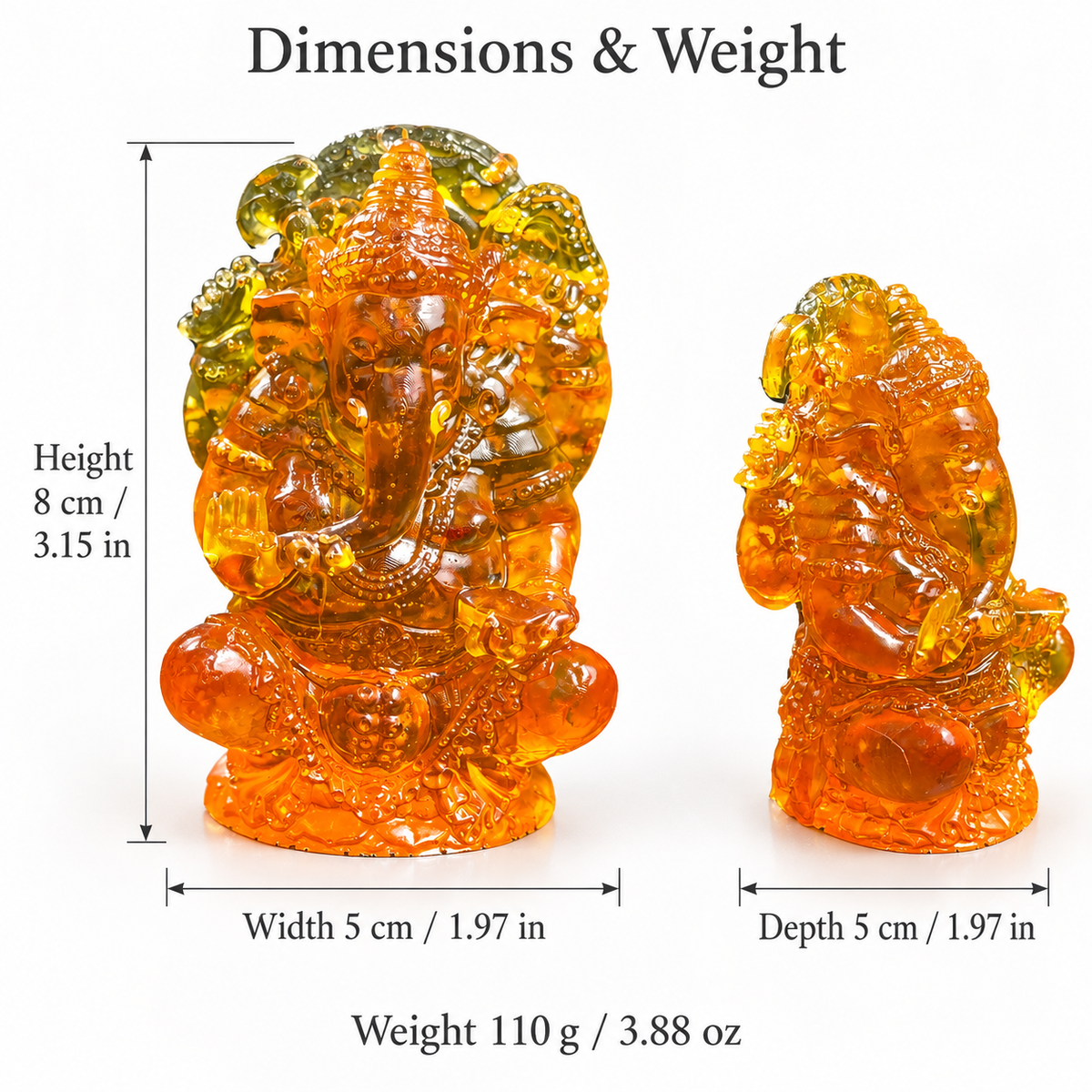Size chart: KIZIMA® Baltic amber Ganesha statue, H 8 cm / 3.15 in, W 5 cm / 1.97 in, D 5 cm / 1.97 in, 110 g / 3.88 oz