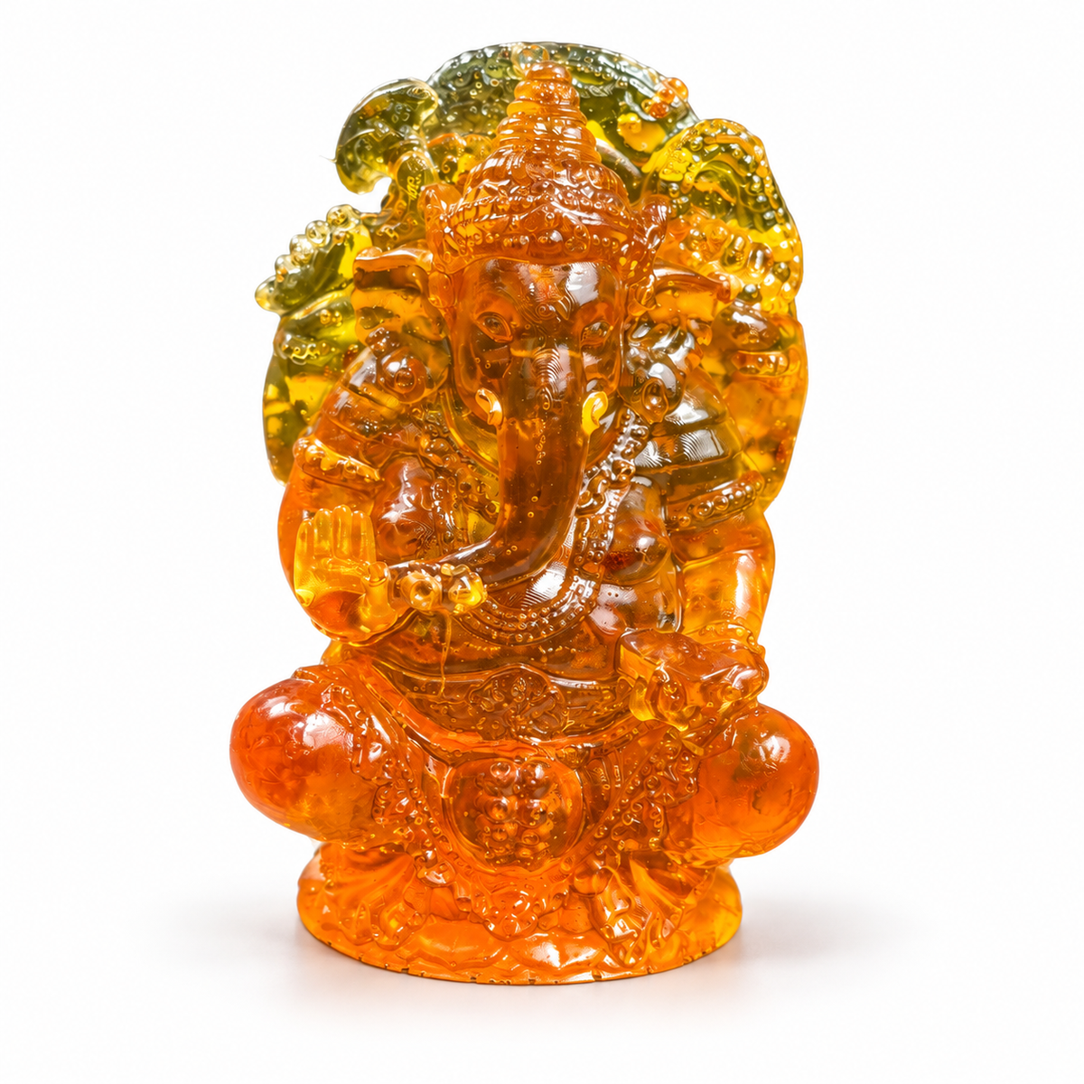 Natural Baltic Amber seated Ganesha statue by KIZIMA®, white background — Diwali and yoga gift