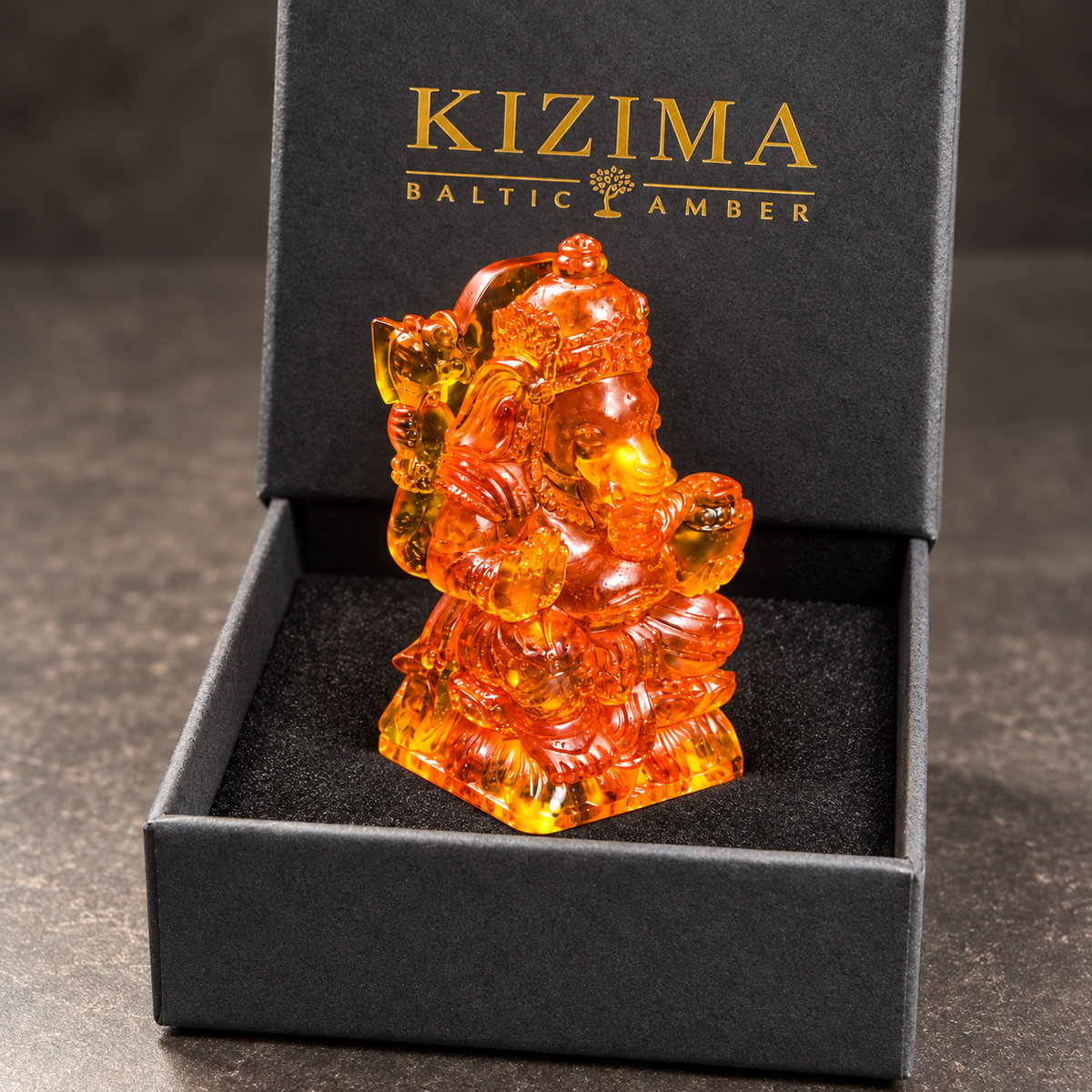 Baltic amber small Ganesha statue with KIZIMA® black gift box — ready-to-give Diwali gift