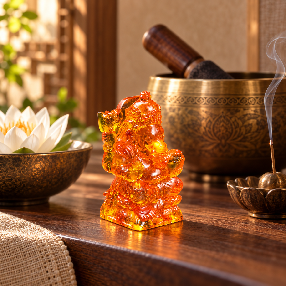 Baltic amber small Ganesha statue in a meditation space — amber altar decor by KIZIMA®