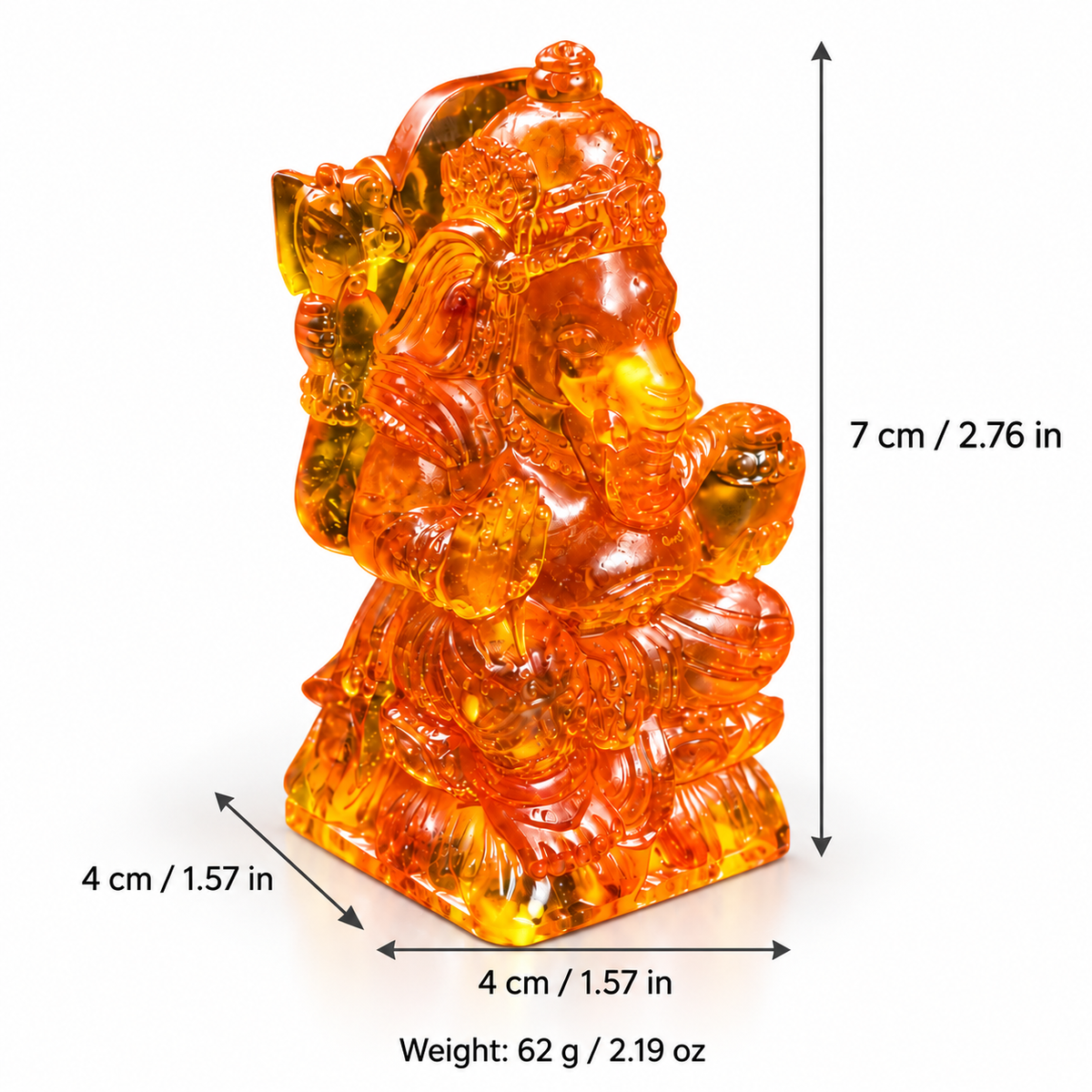 Size chart: KIZIMA® Baltic amber small Ganesha, H 7 cm / 2.76 in, W 4 cm / 1.57 in, D 4 cm / 1.57 in, 62 g / 2.19 oz