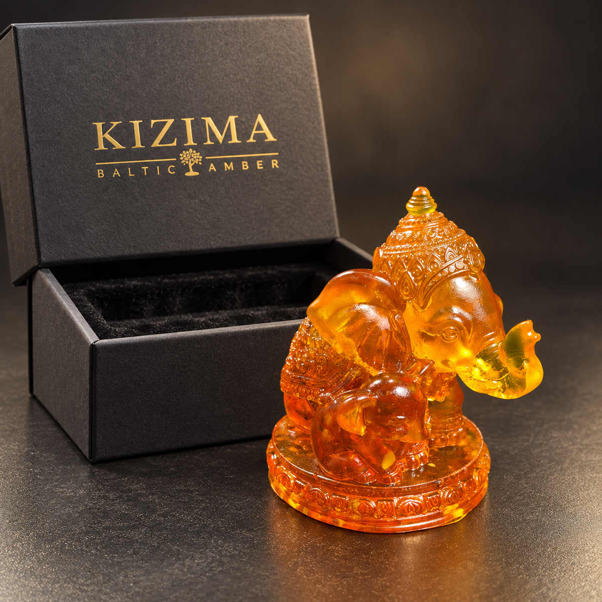 Baltic amber elephant family figurine with KIZIMA® black gift box — ready-to-give family gift