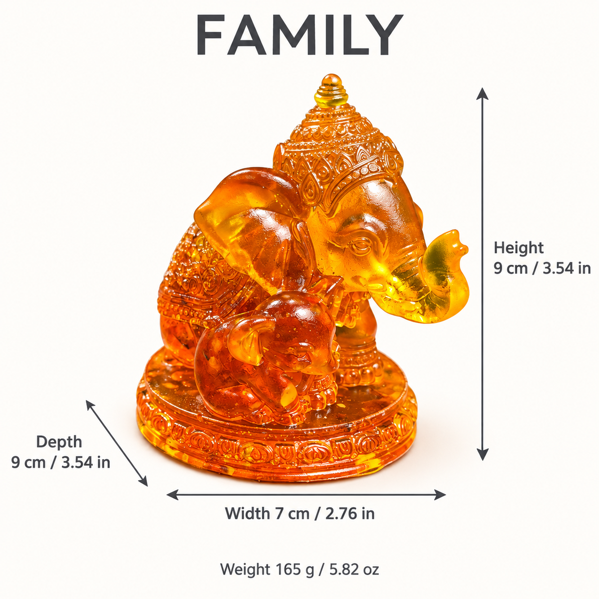 Size chart: KIZIMA® Baltic amber elephant family, H 9 cm / 3.54 in, W 7 cm / 2.76 in, D 9 cm / 3.54 in, 165 g / 5.82 oz