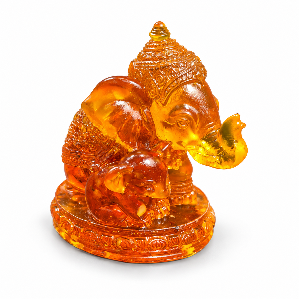 Natural Baltic Amber mother and baby elephant figurine by KIZIMA®, white background — Mother's Day gift