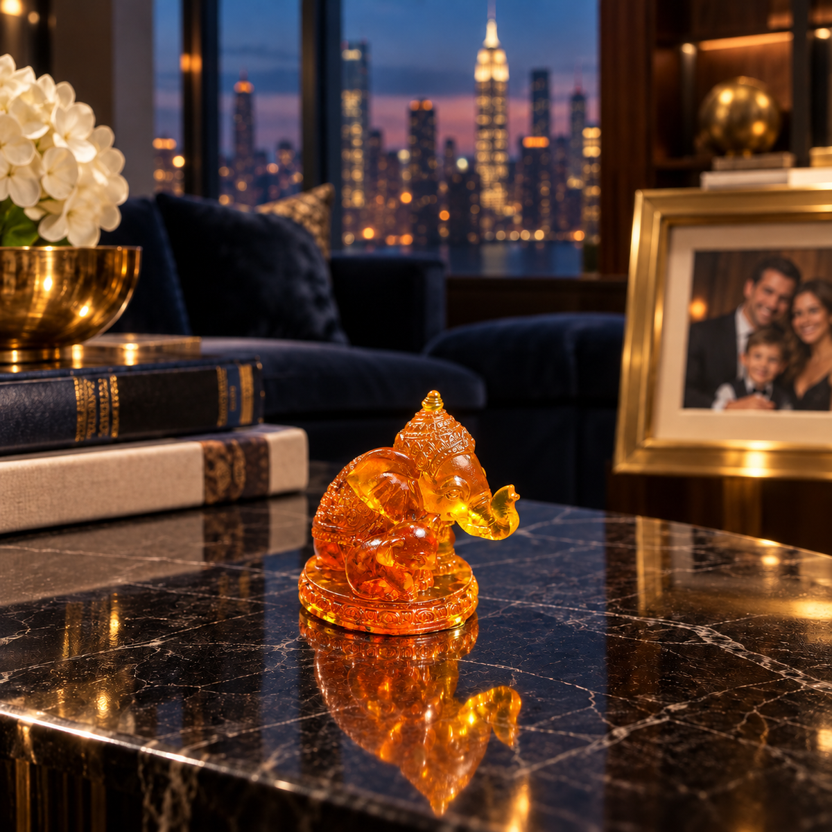 KIZIMA Baltic amber mother and baby elephant family figurine in a dark Manhattan luxury interior