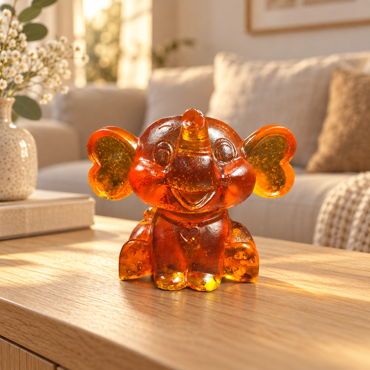 Baltic amber cartoon baby elephant figurine on a shelf in a home interior — handmade in Brooklyn by KIZIMA®
