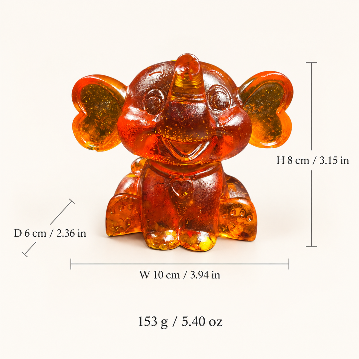 Size chart: KIZIMA® Baltic amber cartoon baby elephant, H 8 cm / 3.15 in, W 10 cm / 3.94 in, D 6 cm / 2.36 in, 153 g / 5.40 oz