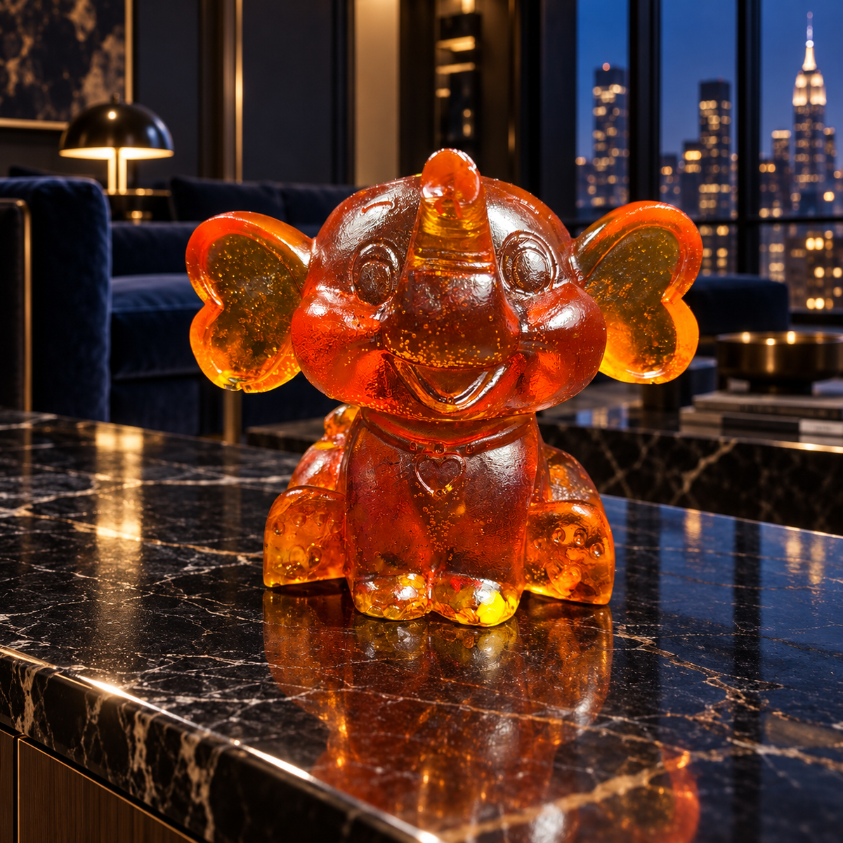 Baltic amber cartoon baby elephant figurine in a dark Manhattan apartment interior — cognac amber decor by KIZIMA®
