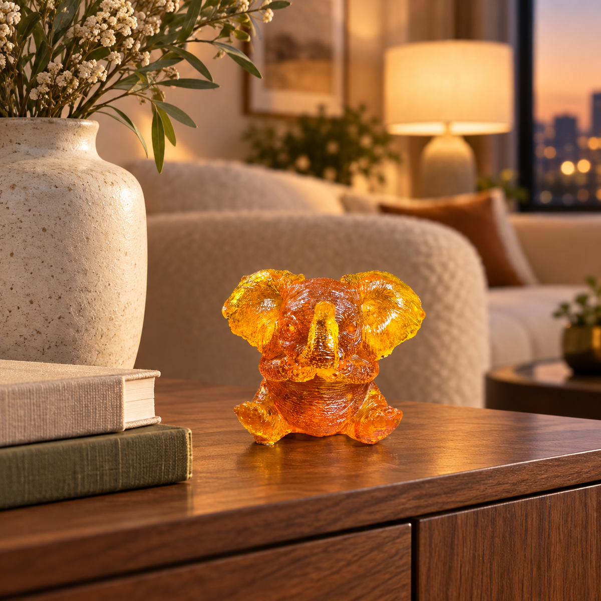 Baltic amber sitting baby elephant figurine on a shelf in a home interior — handmade in Brooklyn by KIZIMA®