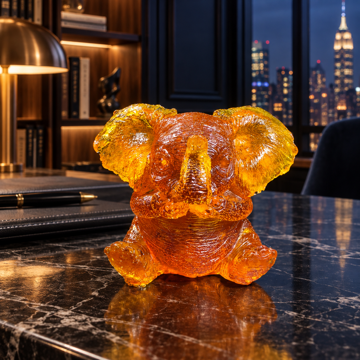 Baltic amber sitting baby elephant figurine in a dark Manhattan apartment interior — amber decor by KIZIMA®