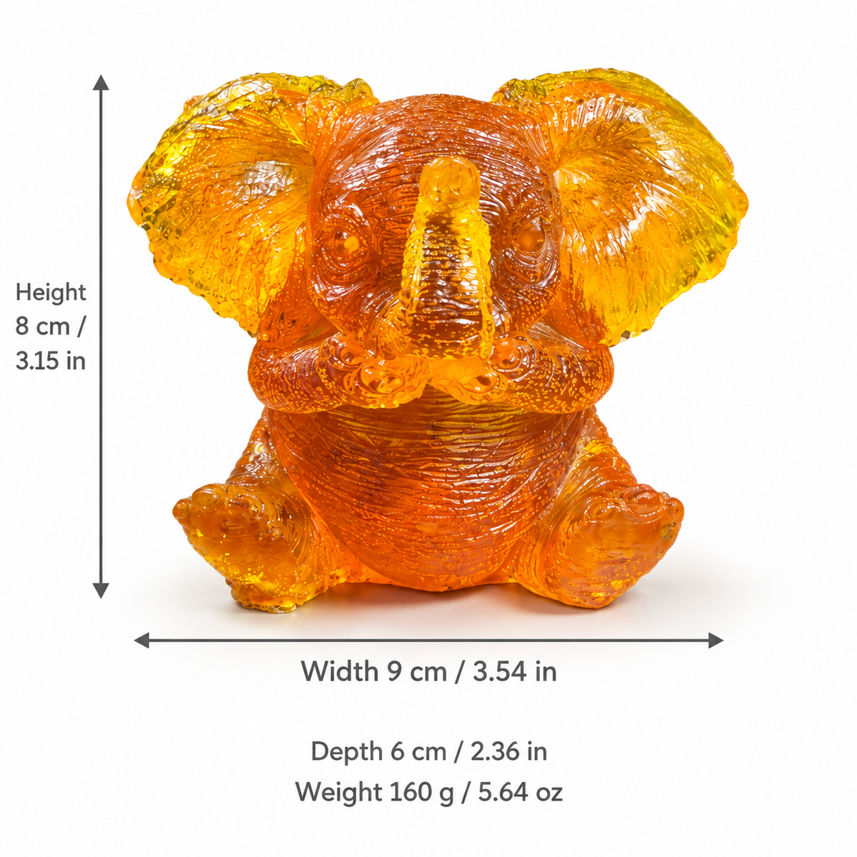 Size chart: KIZIMA® Baltic amber sitting baby elephant, H 8 cm / 3.15 in, W 9 cm / 3.54 in, D 6 cm / 2.36 in, 160 g / 5.64 oz