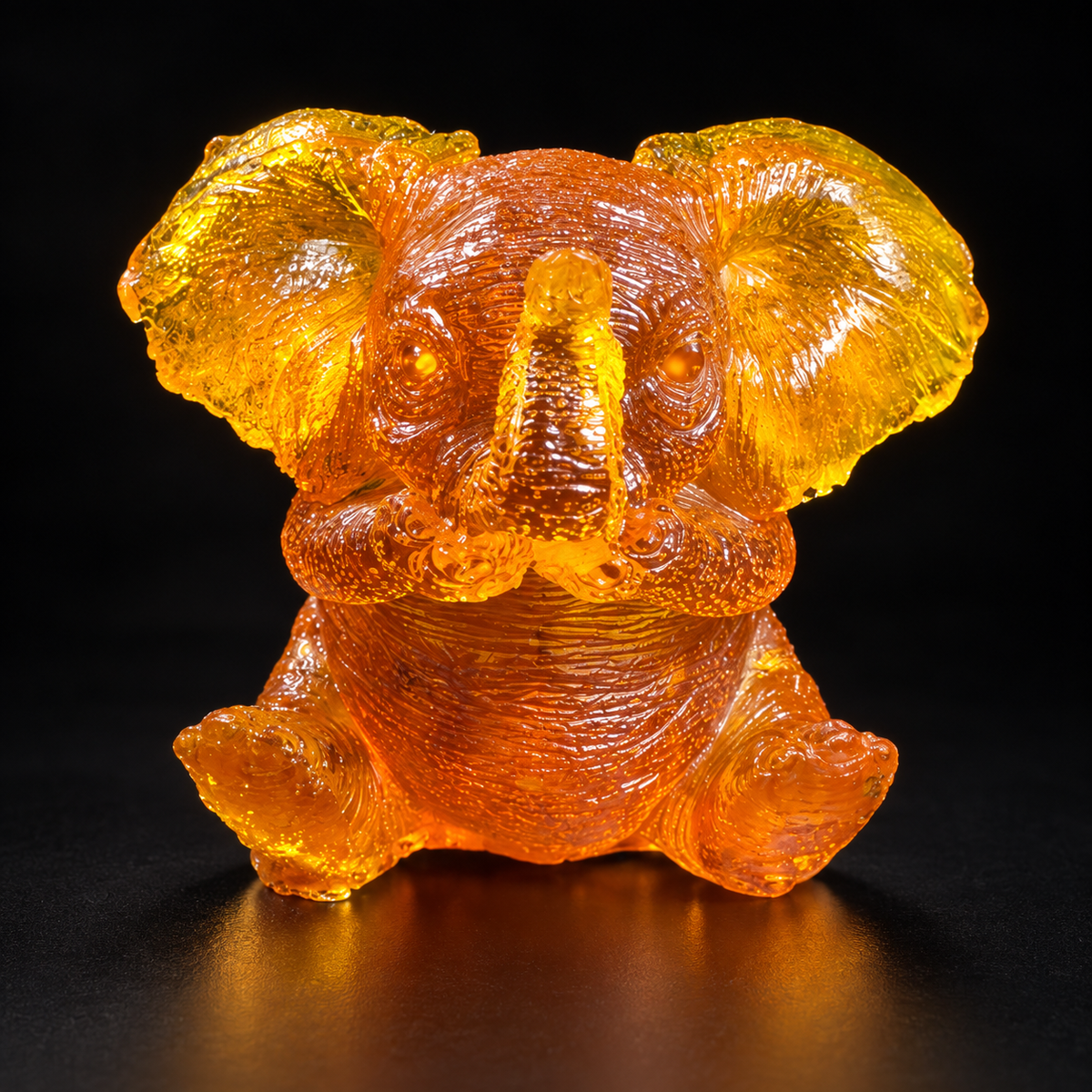 Made in USA Natural Baltic Amber sitting baby elephant figurine, 8 cm, big fan ears and folded paws, honey-orange amber, black studio background — KIZIMA®