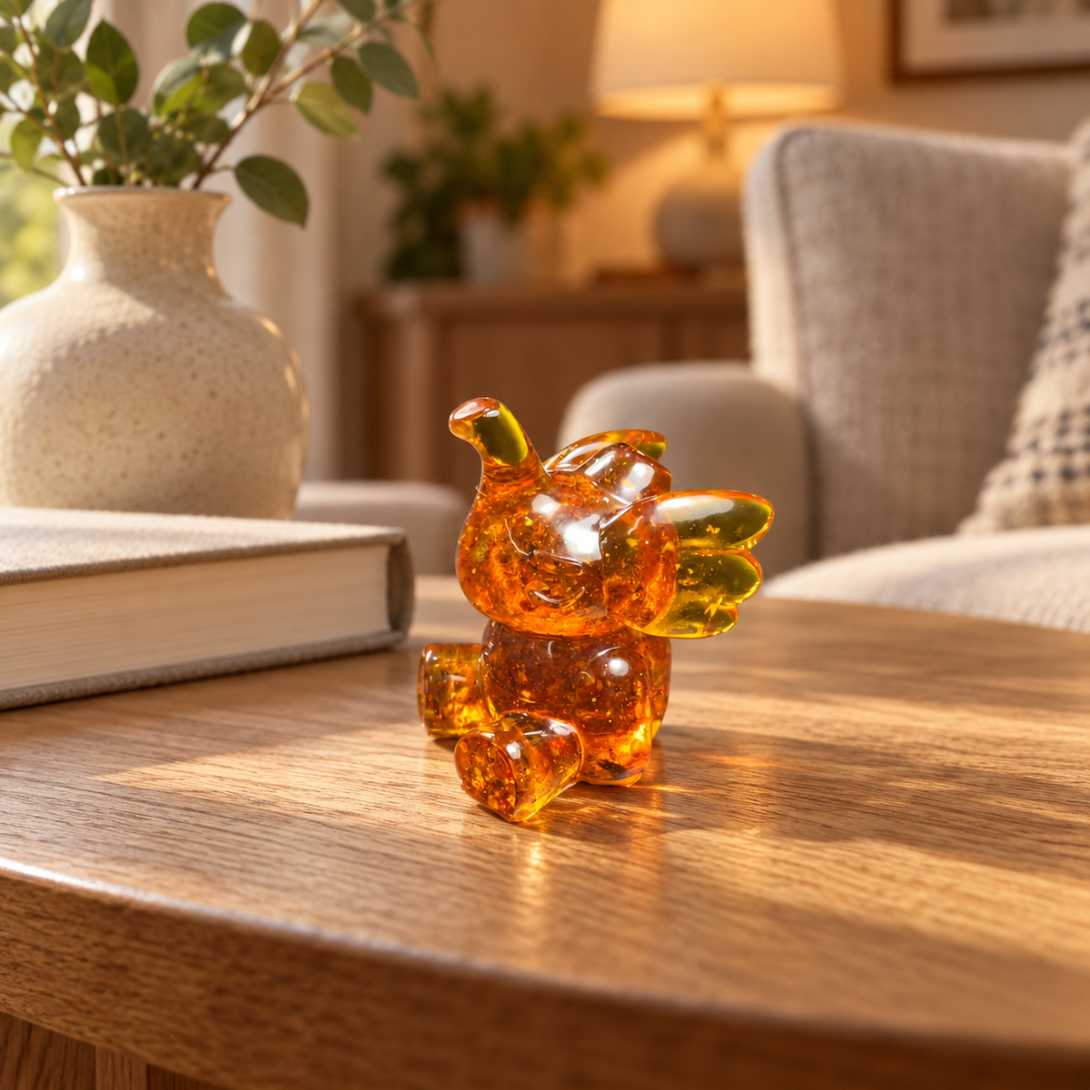 Baltic amber playful elephant figurine in a cozy home interior — handmade in Brooklyn by KIZIMA®