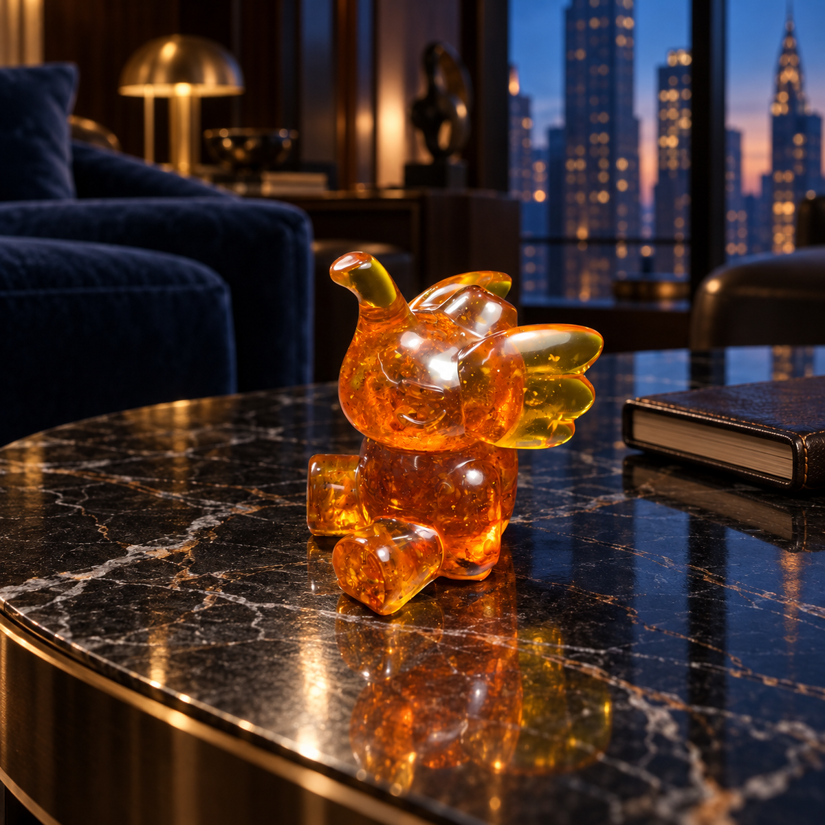 Baltic amber playful elephant figurine in a dark Manhattan apartment interior — amber decor by KIZIMA®