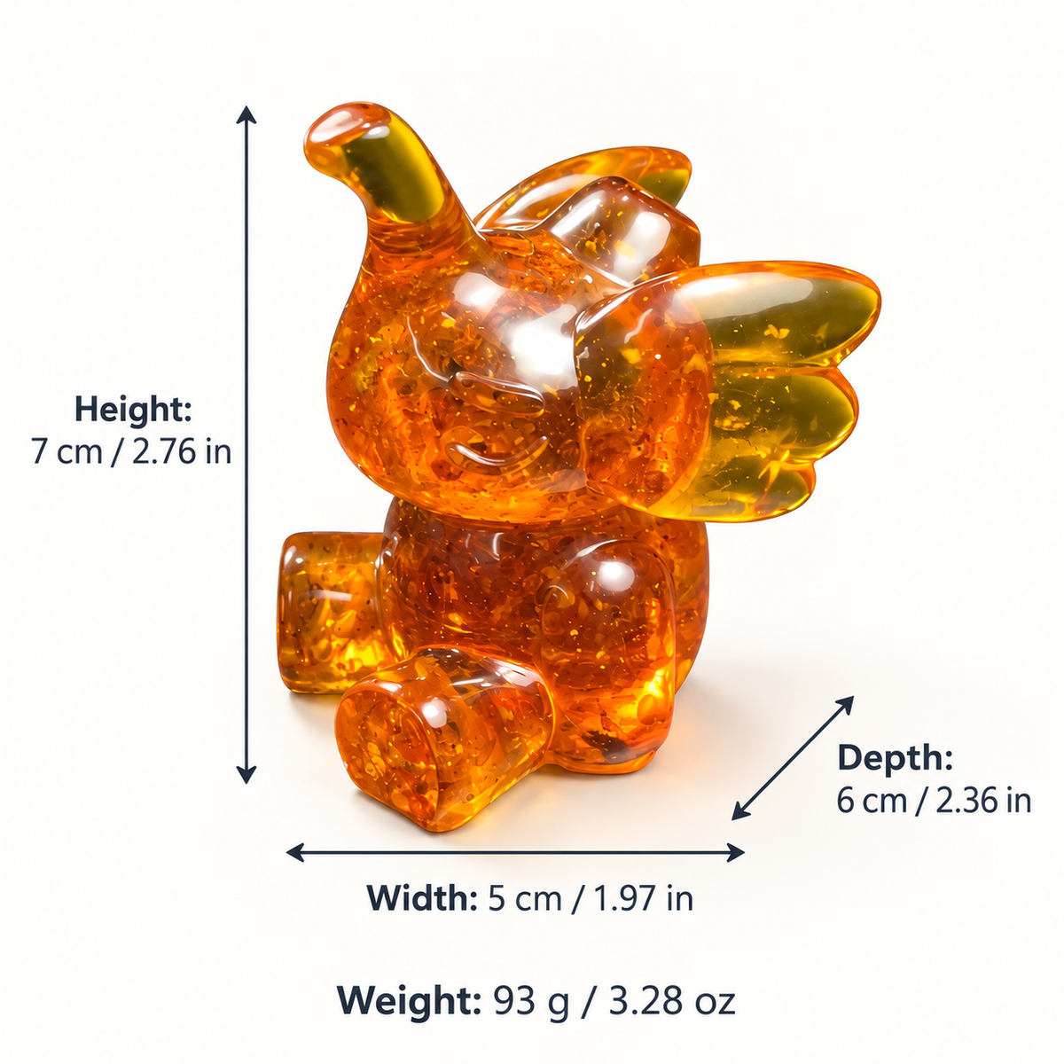 Size chart: KIZIMA® Baltic amber playful elephant, H 7 cm / 2.76 in, W 5 cm / 1.97 in, D 6 cm / 2.36 in, 93 g / 3.28 oz
