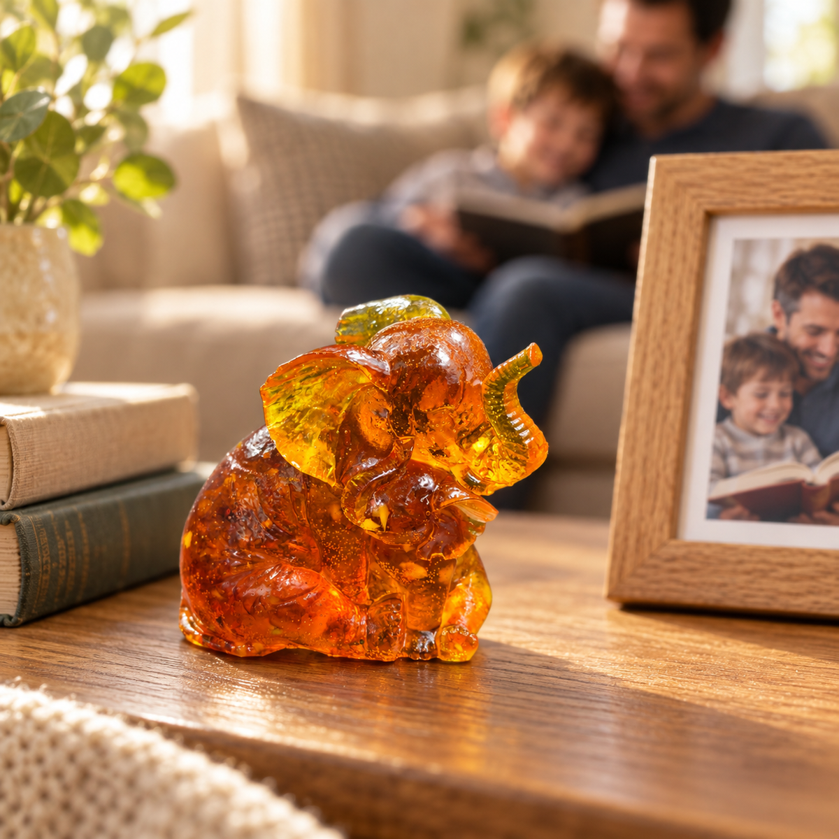 Baltic amber mother and baby elephant figurine in a family home interior — handmade in Brooklyn by KIZIMA®