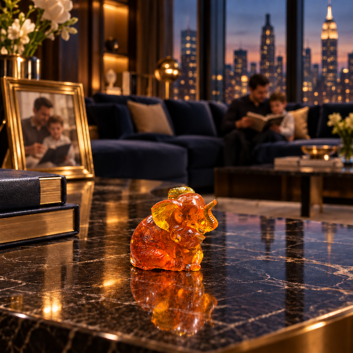 Baltic amber mother and baby elephant figurine in a dark Manhattan apartment interior — amber decor by KIZIMA®