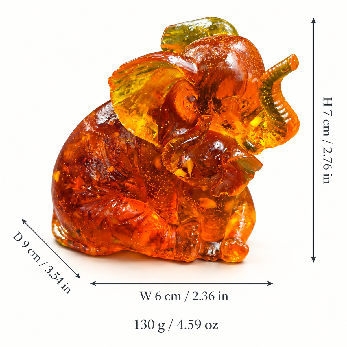 Size chart: KIZIMA® Baltic amber mother and baby elephant, H 7 cm / 2.76 in, W 6 cm / 2.36 in, D 9 cm / 3.54 in, 130 g / 4.59 oz