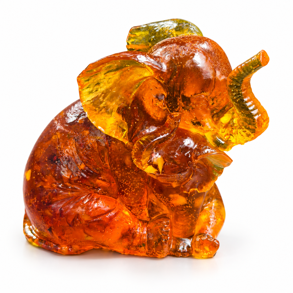 Natural Baltic Amber mother and baby elephant figurine by KIZIMA®, white background — Mother's Day gift