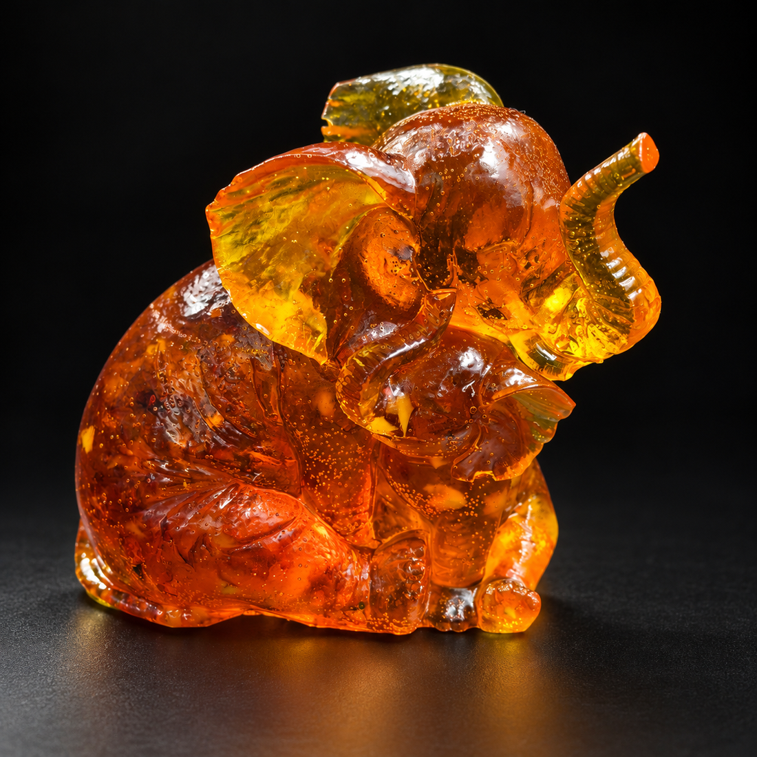 Made in USA Natural Baltic Amber mother and baby elephant figurine, hugging elephant pair in honey-cognac amber, black studio background — KIZIMA®