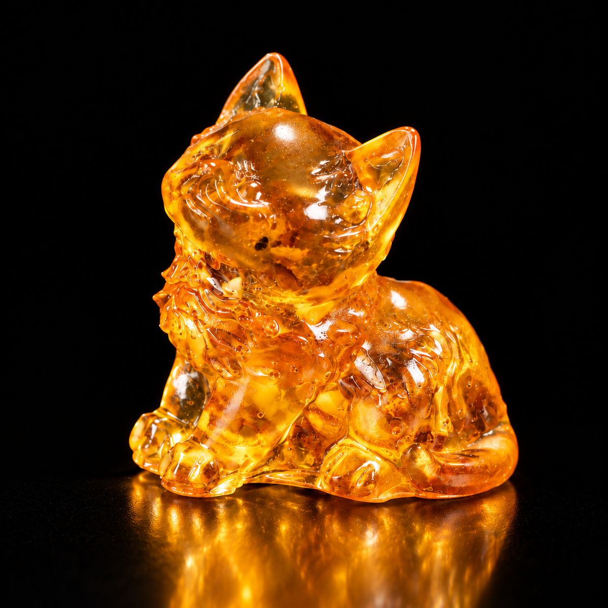 KIZIMA honey amber kitten with textured chest on a black studio background