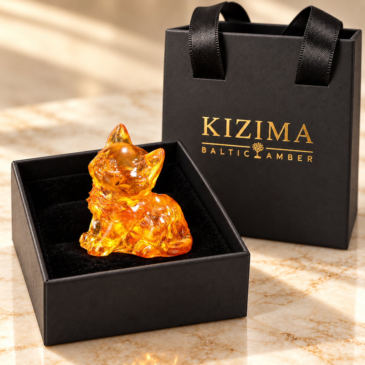 KIZIMA honey amber kitten with branded gift packaging