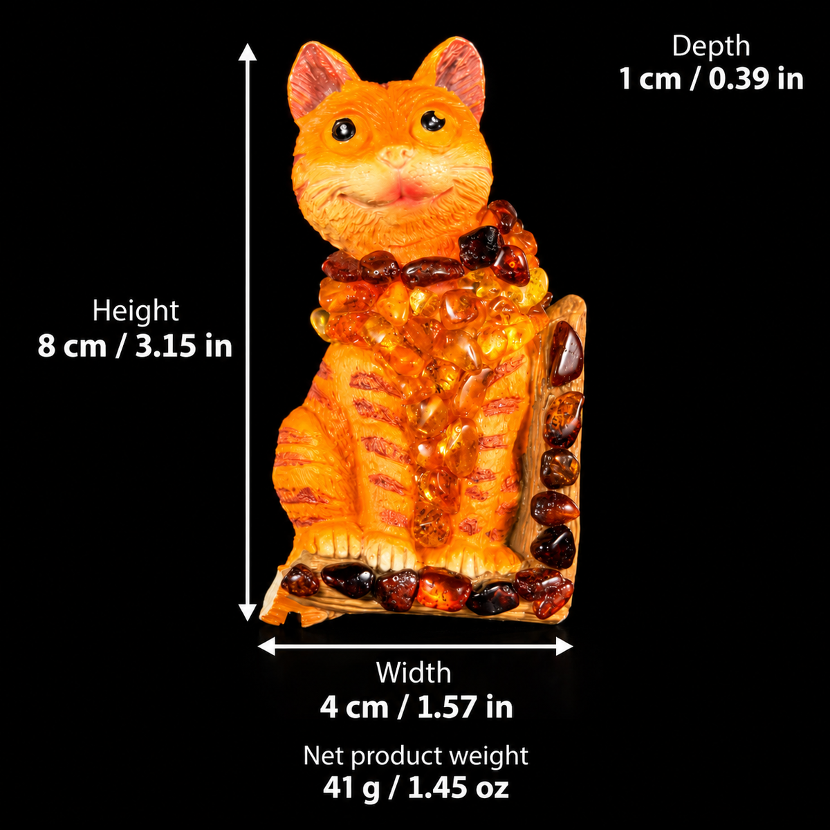 Baltic amber cat fridge magnet size chart: height 8 cm, width 4 cm, depth 1 cm, net weight 41 g, with inch and ounce equivalents — KIZIMA®