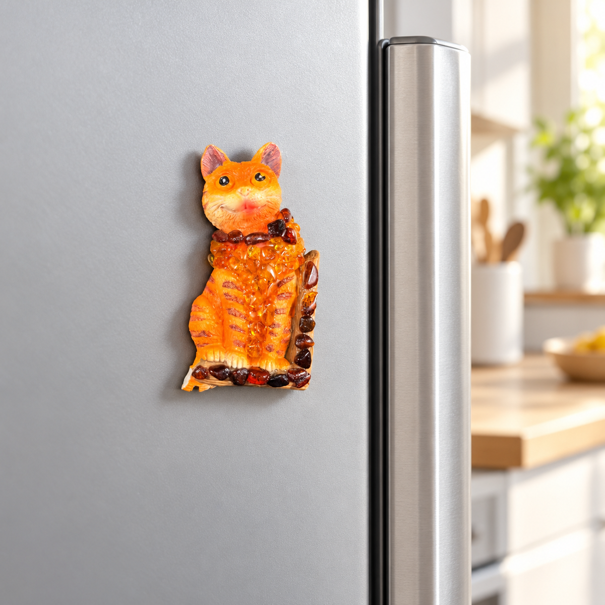 Made in USA Natural Baltic Amber cat magnet by KIZIMA®, 8 cm, attached to a refrigerator door