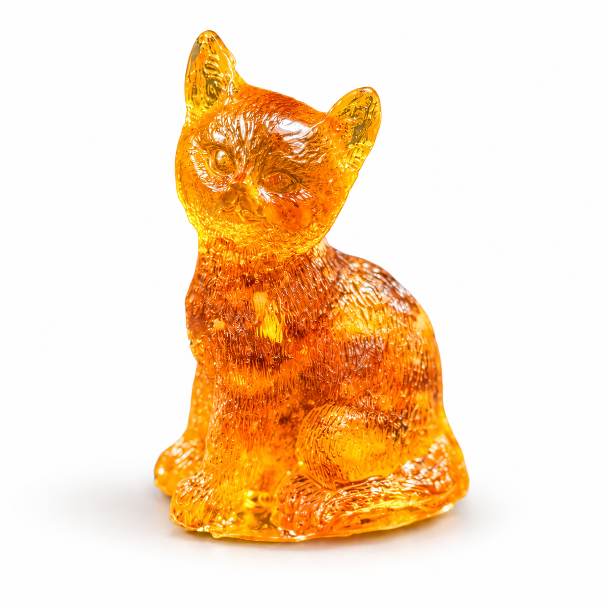 Made in USA Natural Baltic Amber mini sitting cat figurine by KIZIMA®, 4 cm high, on white