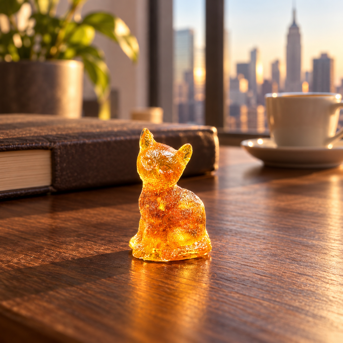 Made in USA Natural Baltic Amber mini cat figurine by KIZIMA® on a desk in a New York interior