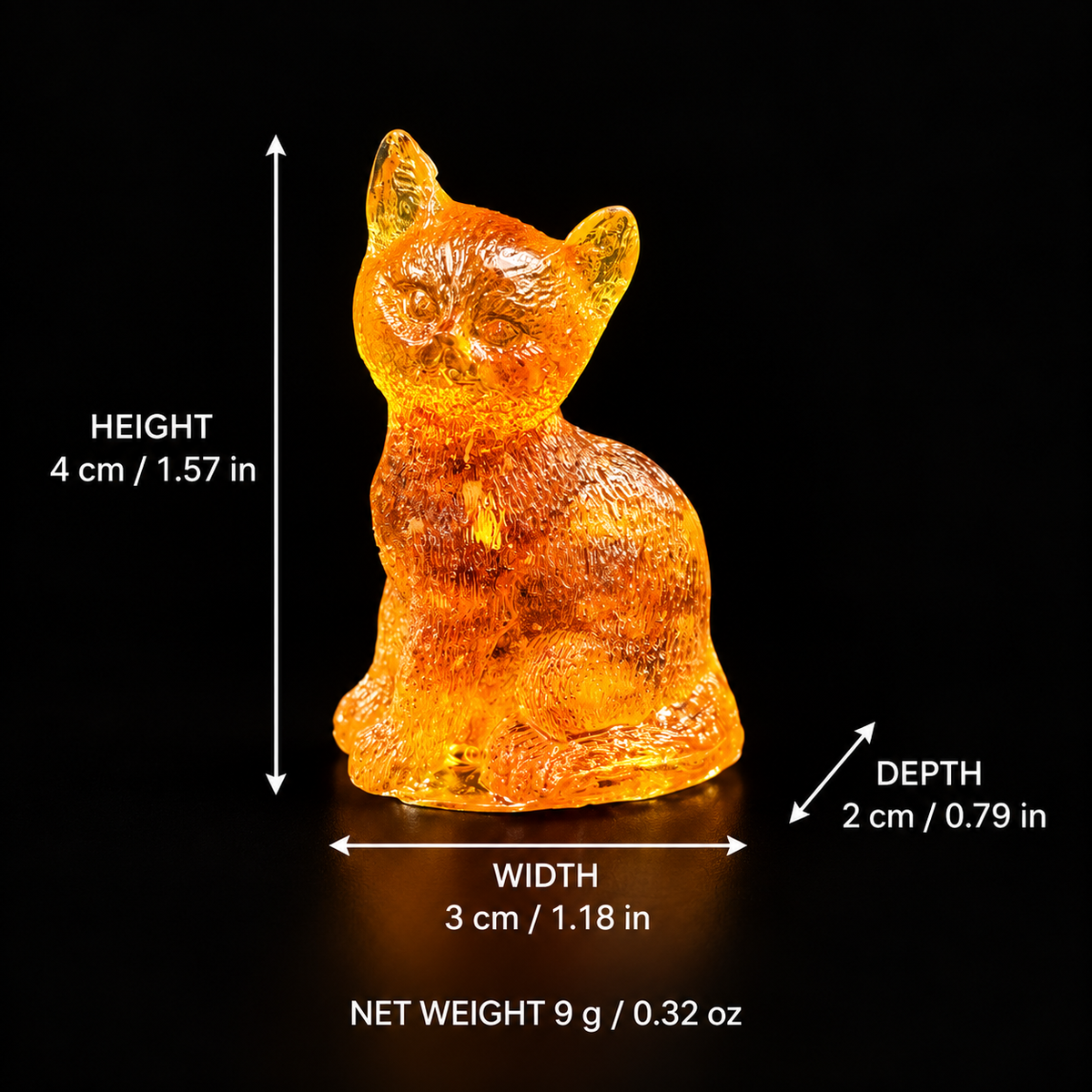 Baltic amber mini cat figurine size chart: height 4 cm (1.57 in), width 3 cm (1.18 in), depth 2 cm (0.79 in), net weight 9 g (0.32 oz) — KIZIMA®