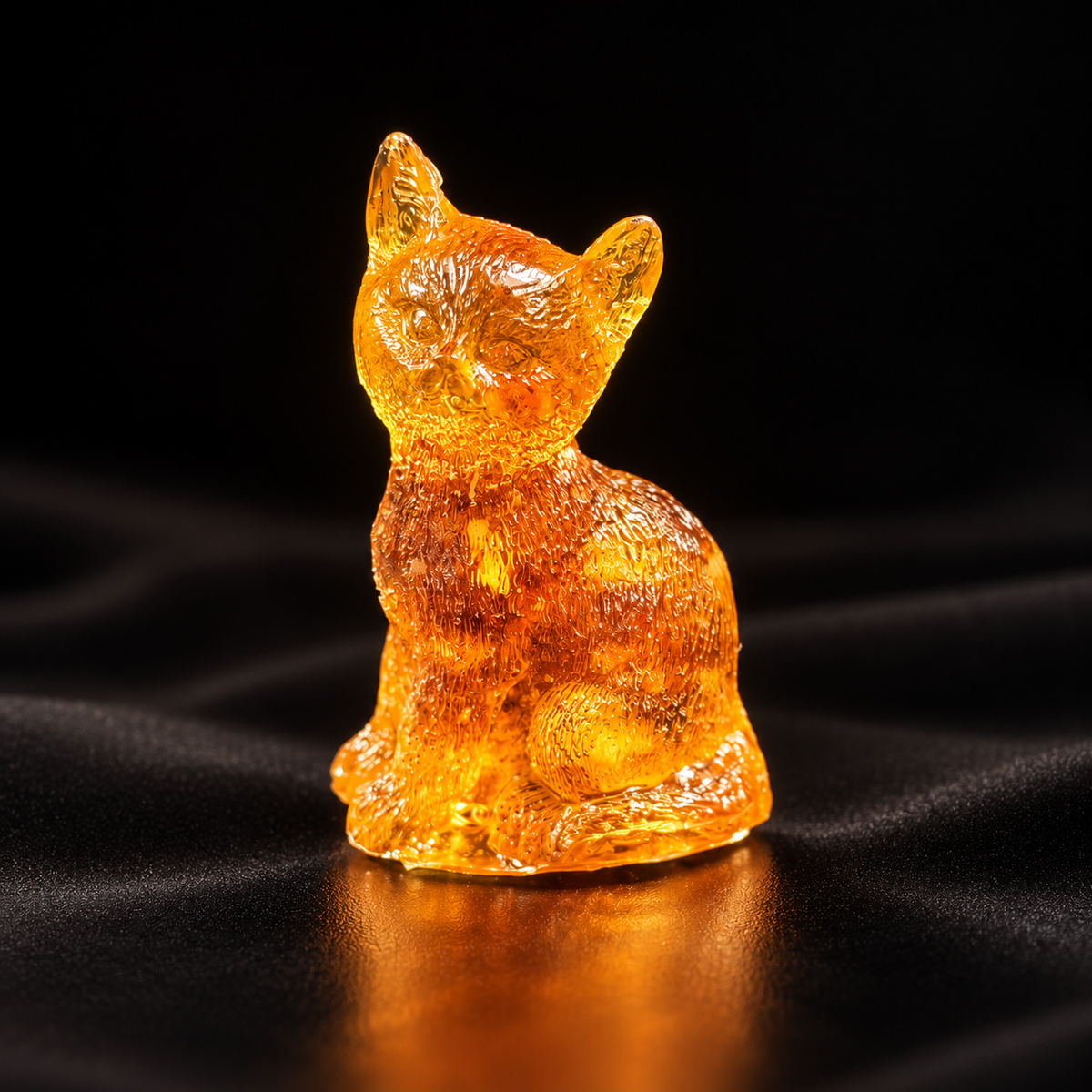 Made in USA Natural Baltic Amber mini sitting cat figurine by KIZIMA®, 4 cm tiny golden cat, black studio background