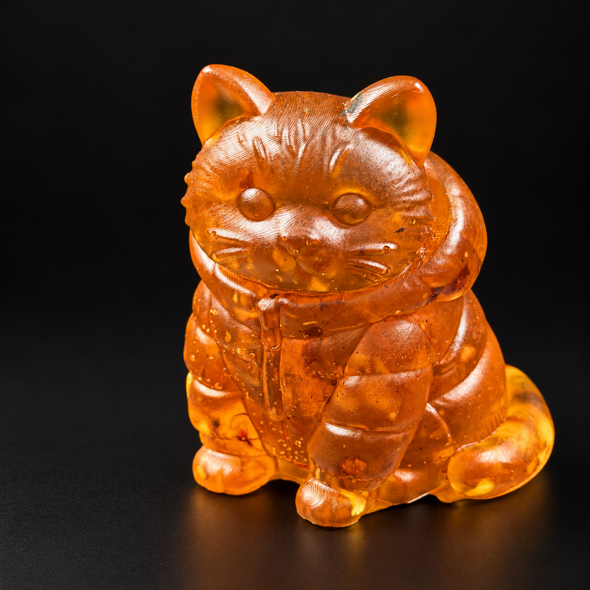 Made in USA Natural Baltic Amber cat in a hoodie figurine by KIZIMA®, 7 cm golden sitting cat in a hooded jacket, black studio background