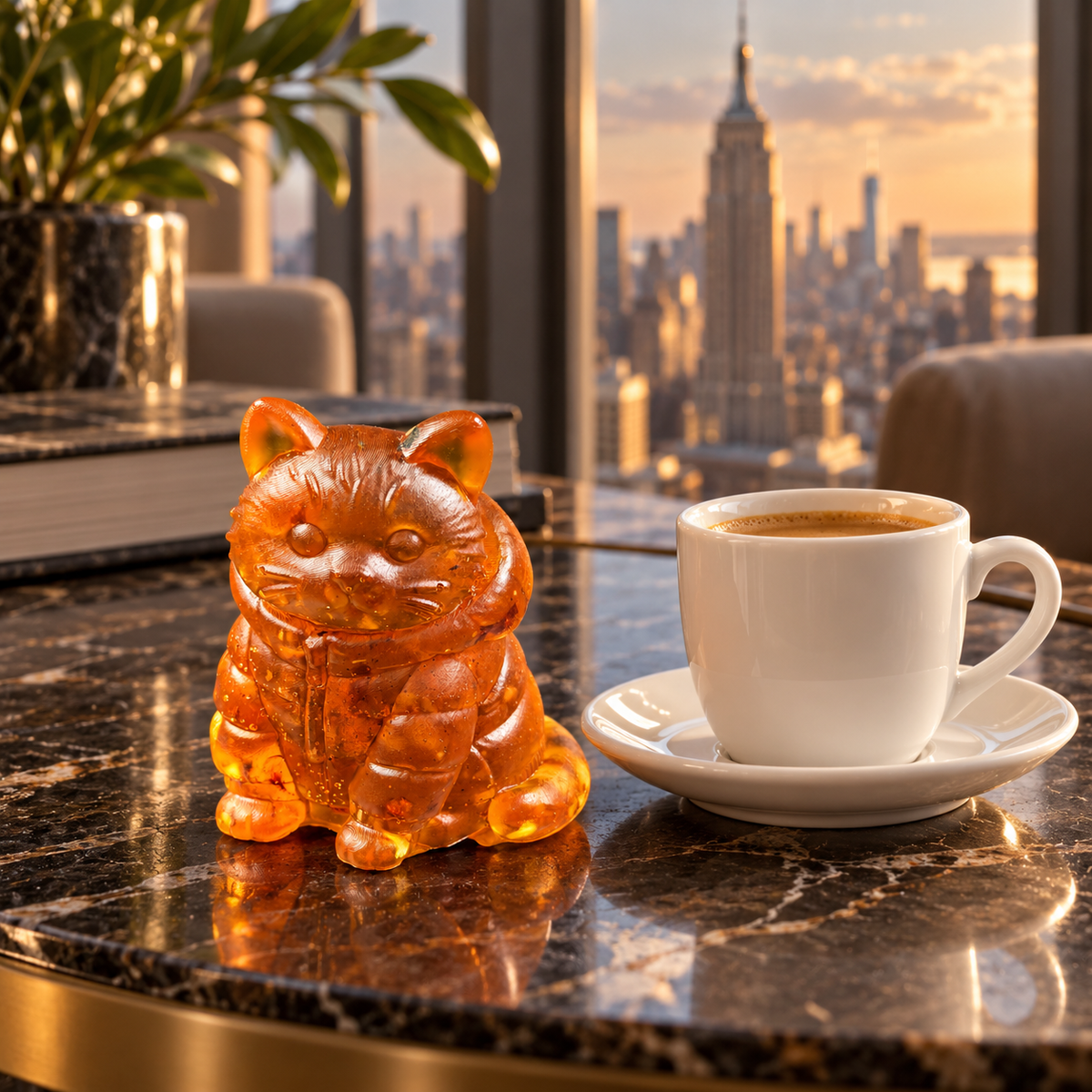 Made in USA Natural Baltic Amber hooded cat figurine by KIZIMA® beside an espresso cup in a Manhattan interior with the Empire State Building
