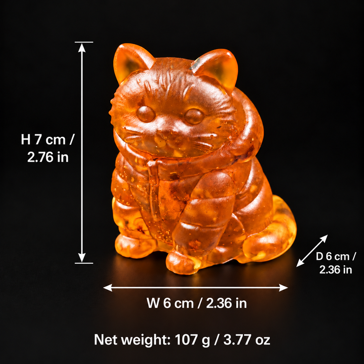 Baltic amber hooded cat figurine size chart: height 7 cm (2.76 in), width 6 cm (2.36 in), depth 6 cm (2.36 in), net weight 107 g (3.77 oz) — KIZIMA®
