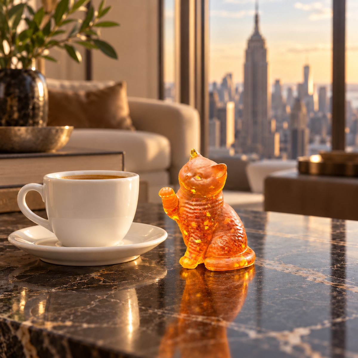 Made in USA Natural Baltic Amber raised-paw cat figurine by KIZIMA® beside an espresso cup in a Manhattan apartment