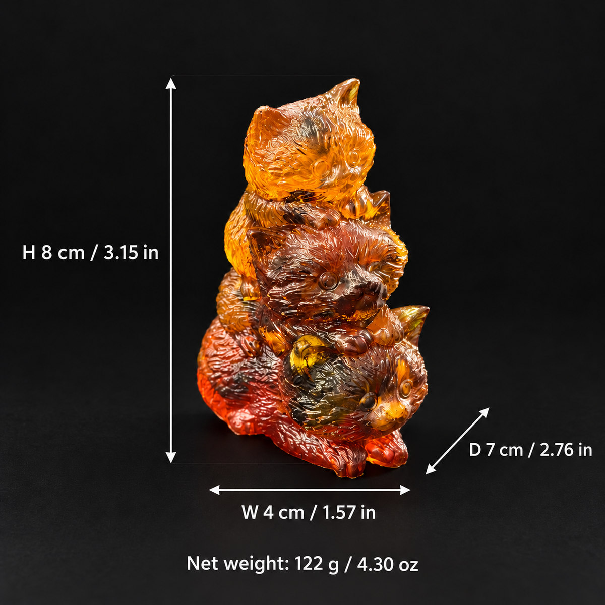 Baltic amber three-kitten family figurine size chart: height 8 cm, width 4 cm, depth 7 cm, net weight 122 g — KIZIMA®