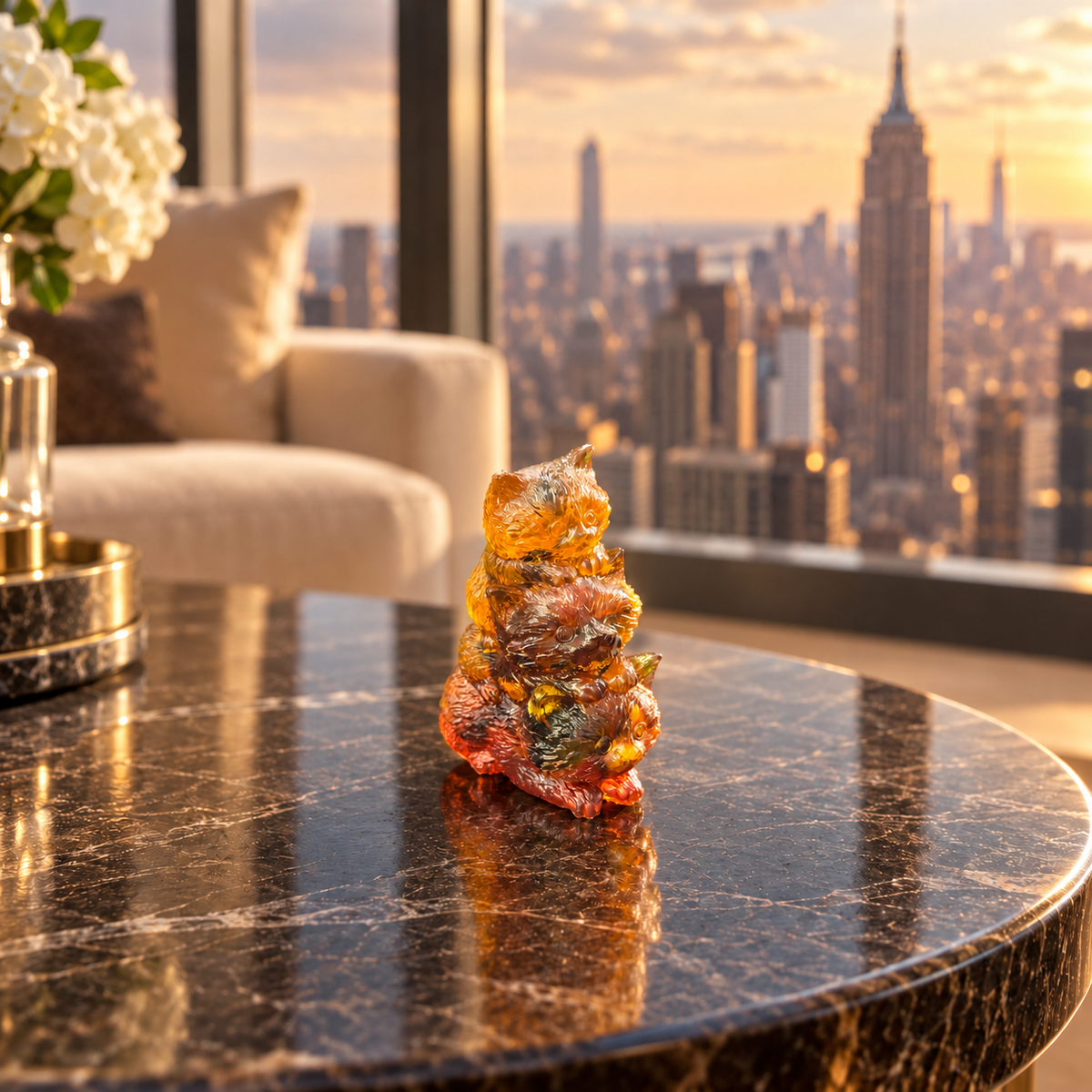Made in USA Natural Baltic Amber three-kitten family figurine by KIZIMA® on a dark marble table in a Manhattan interior with the Empire State Building