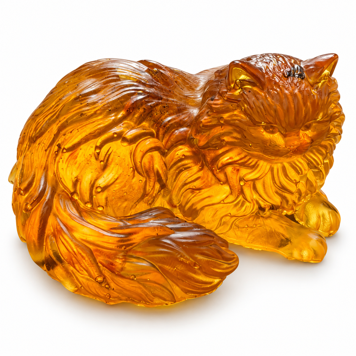 Made in USA Natural Baltic Amber Persian cat figurine by KIZIMA®, golden long-haired cat with forward paws on white