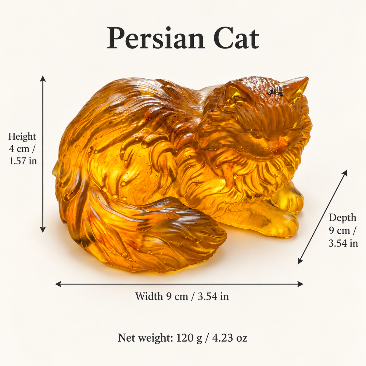 Baltic amber Persian cat figurine size chart: height 4 cm (1.57 in), width 9 cm (3.54 in), depth 9 cm (3.54 in), net weight 120 g (4.23 oz) — KIZIMA®