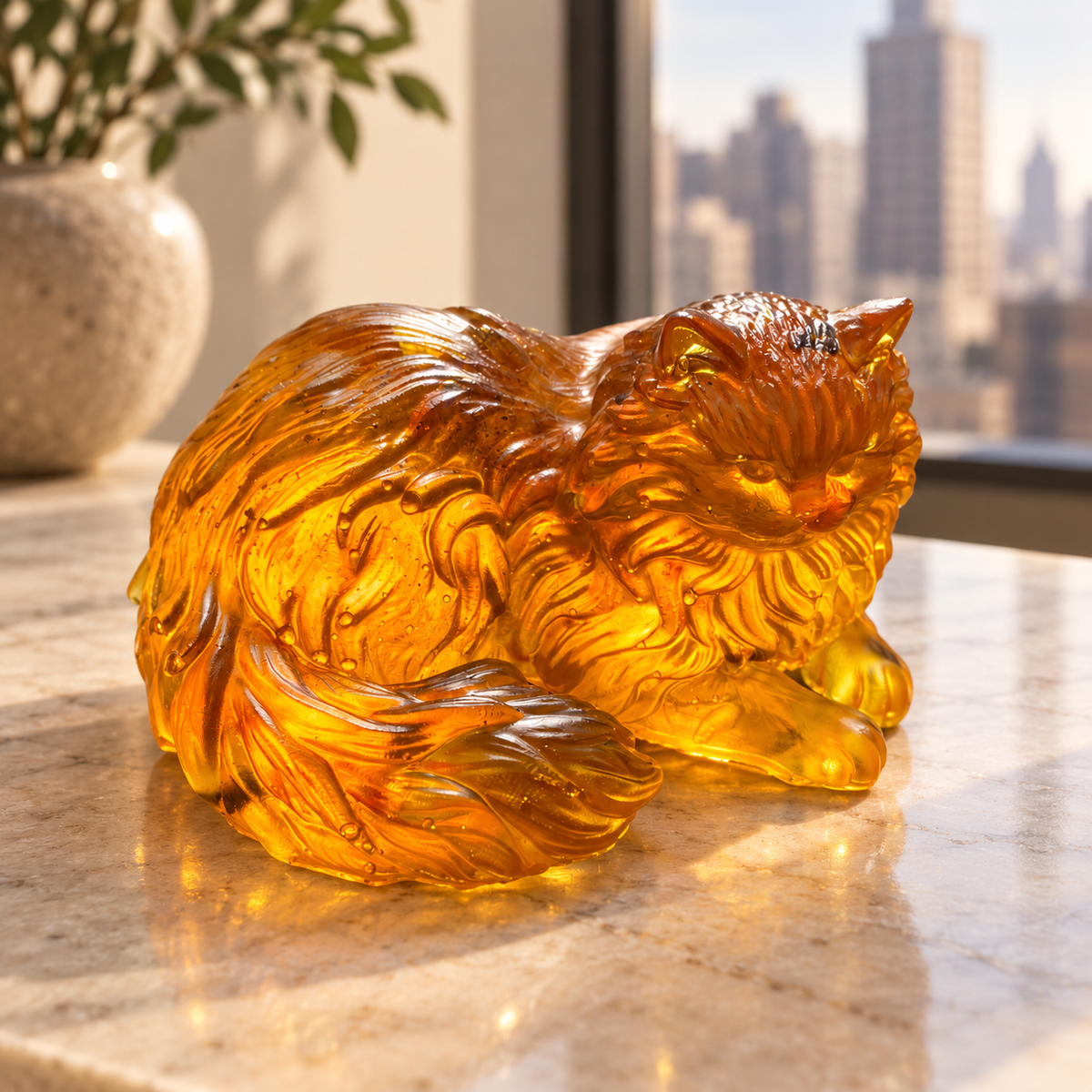 Made in USA Natural Baltic Amber Persian cat figurine by KIZIMA® on a pale stone console in a New York apartment interior
