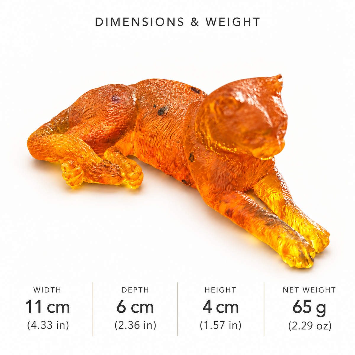 Baltic amber reclining cat figurine size chart: length 11 cm, width 6 cm, height 4 cm, net weight 65 g, with inch and ounce equivalents — KIZIMA®