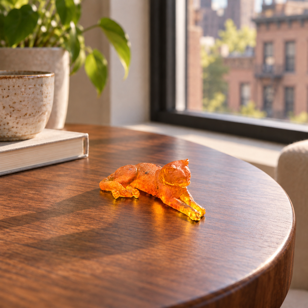 Made in USA Natural Baltic Amber reclining cat figurine by KIZIMA® on a wooden table beside a New York apartment window