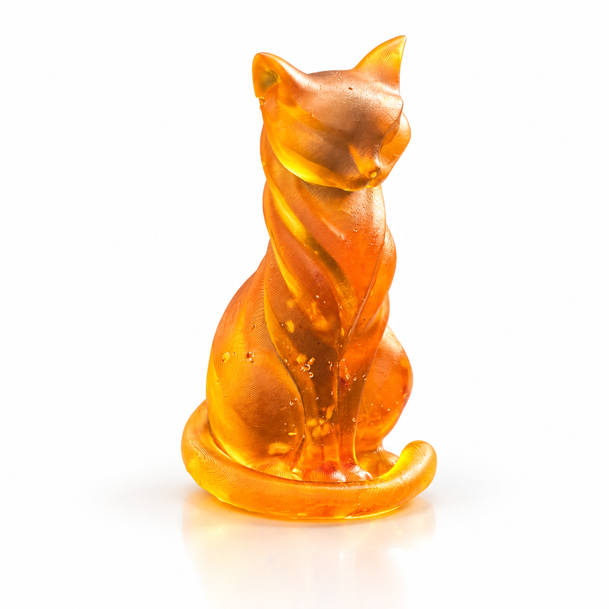 Made in USA Natural Baltic Amber slender sitting cat figurine by KIZIMA®, golden-orange cat with satin-textured cheeks on white