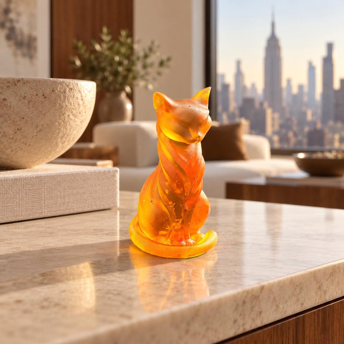 Made in USA Natural Baltic Amber slender cat figurine by KIZIMA® on a pale stone console in a warmly lit New York apartment