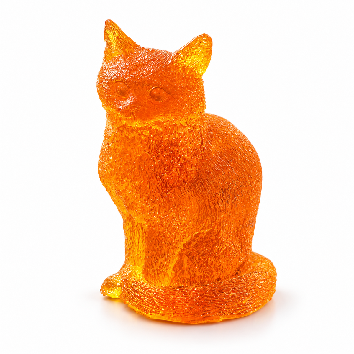 Made in USA Natural Baltic Amber sitting cat figurine by KIZIMA®, translucent orange-gold cat with finely textured fur on white