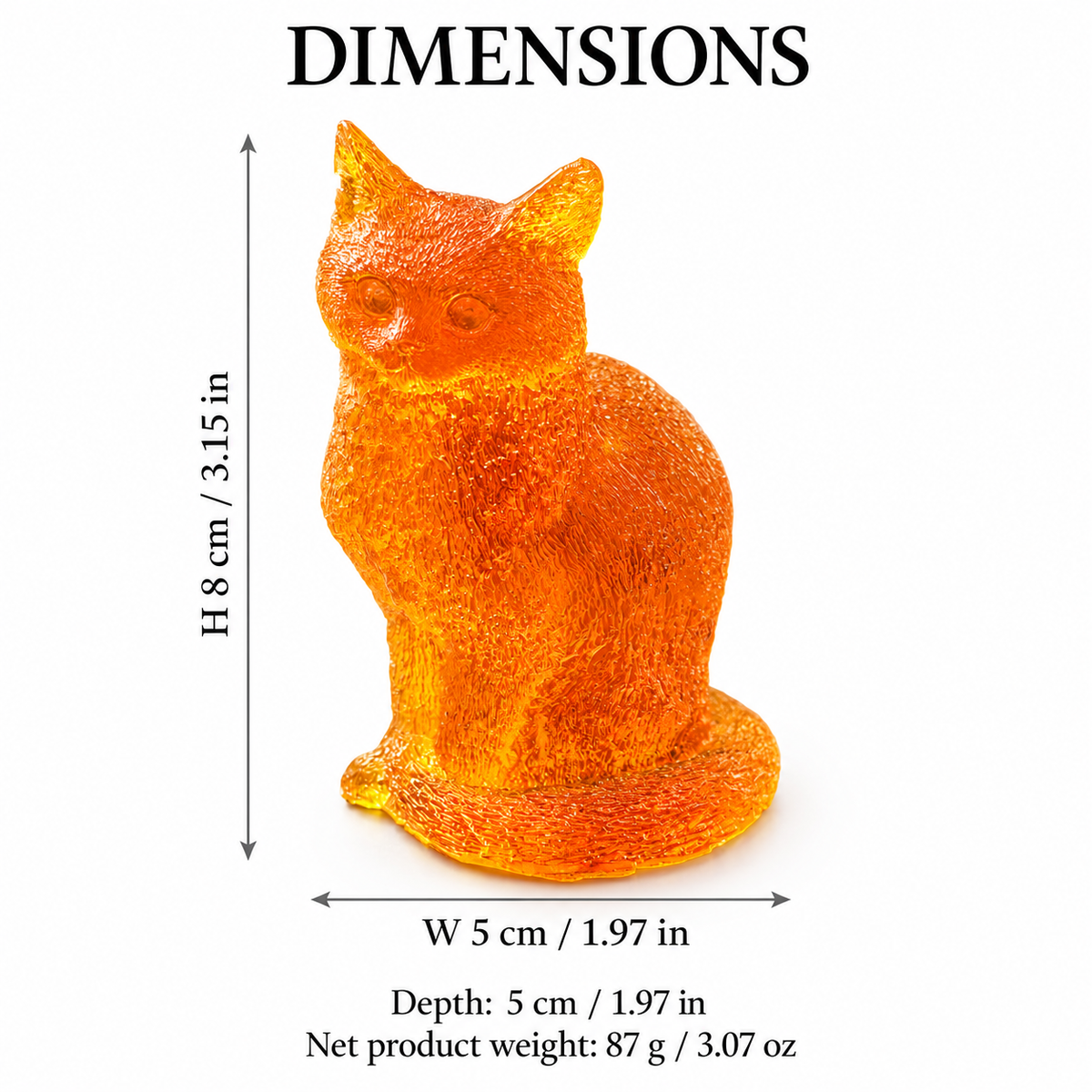 Baltic amber textured sitting cat figurine size chart: height 8 cm (3.15 in), width and depth 5 cm (1.97 in), net weight 87 g (3.07 oz) — KIZIMA®