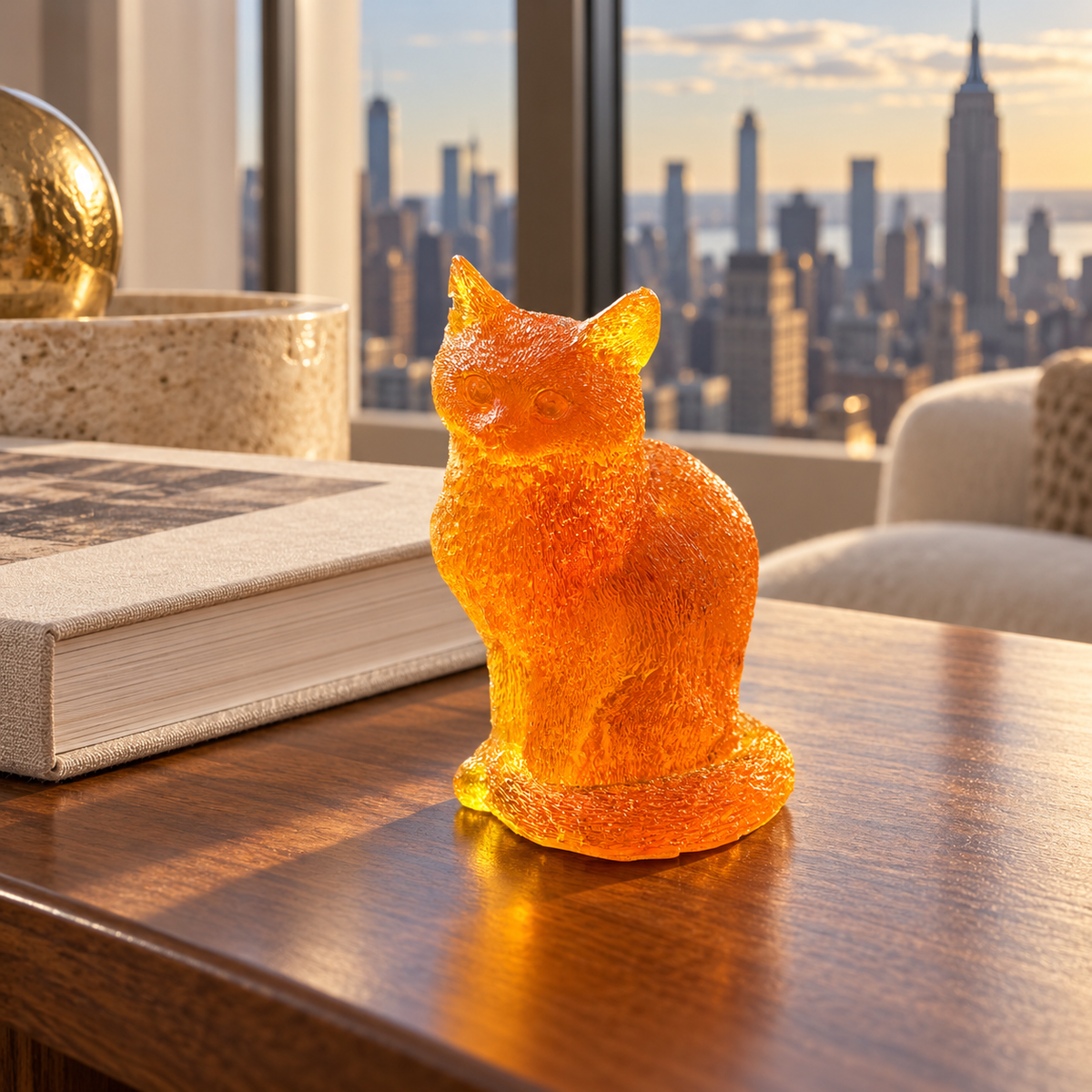 Made in USA Natural Baltic Amber sitting cat figurine by KIZIMA® on a walnut table beside an art book in a Manhattan interior